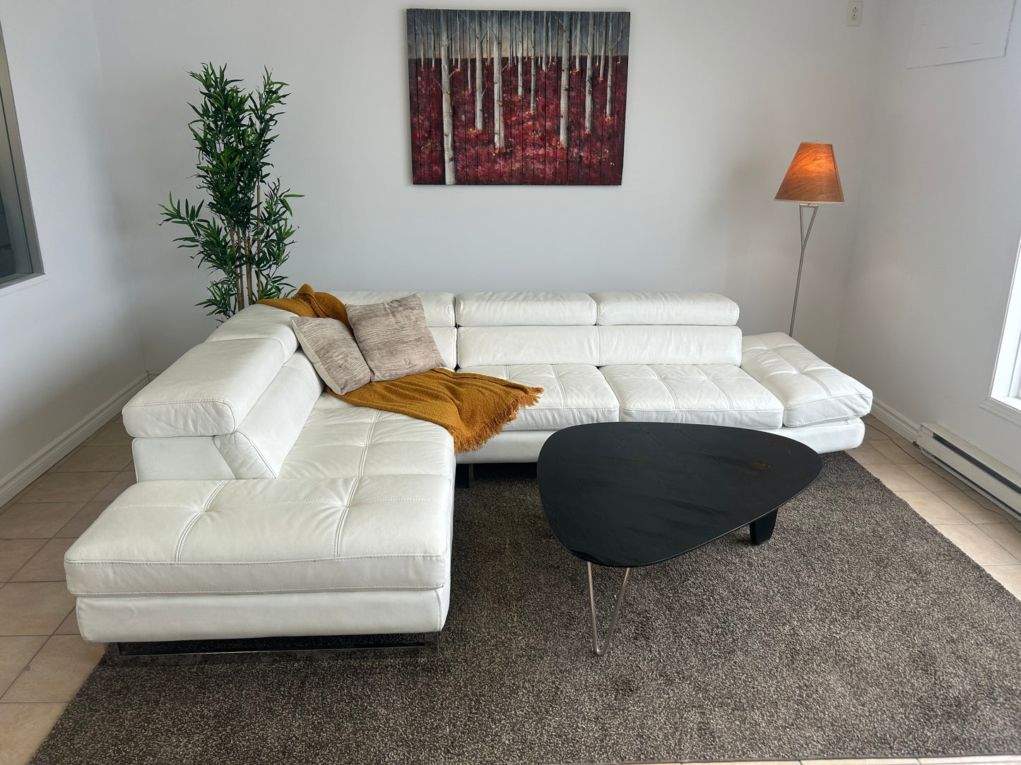 Sectionnel en Cuir Véritable Blanc avec Appuis-Têtes Ajustables