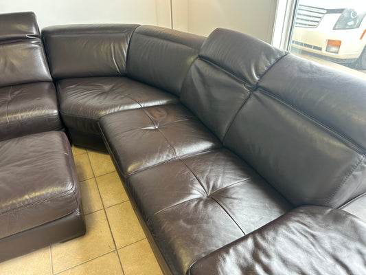 Divan Sectionnel en cuir véritable brun avec pouf