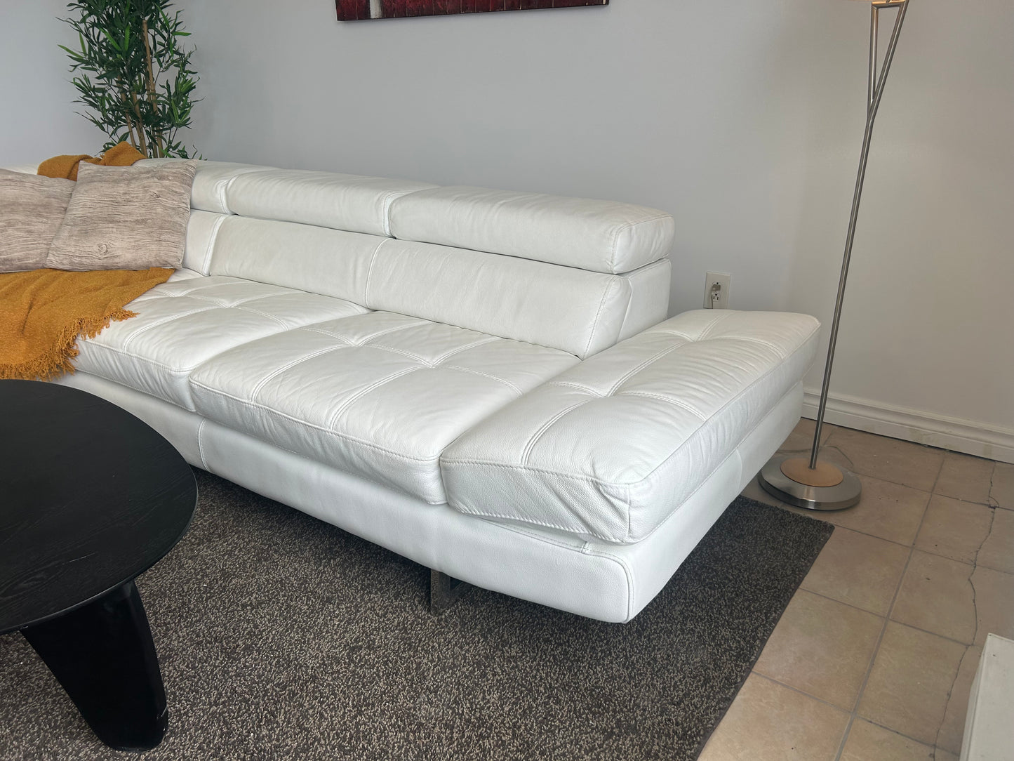 Sectionnel en Cuir Véritable Blanc avec Appuis-Têtes Ajustables