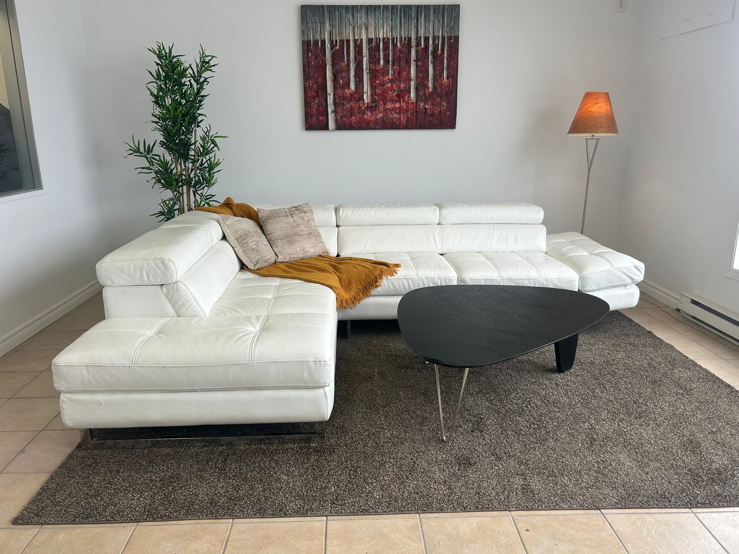 Sectionnel en Cuir Véritable Blanc avec Appuis-Têtes Ajustables