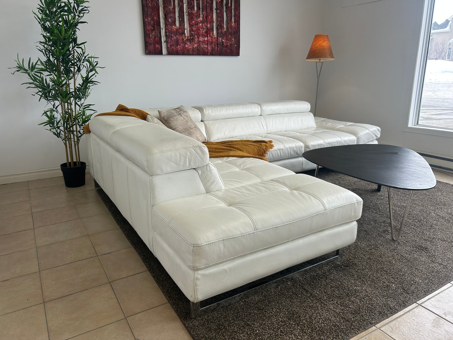 Sectionnel en Cuir Véritable Blanc avec Appuis-Têtes Ajustables