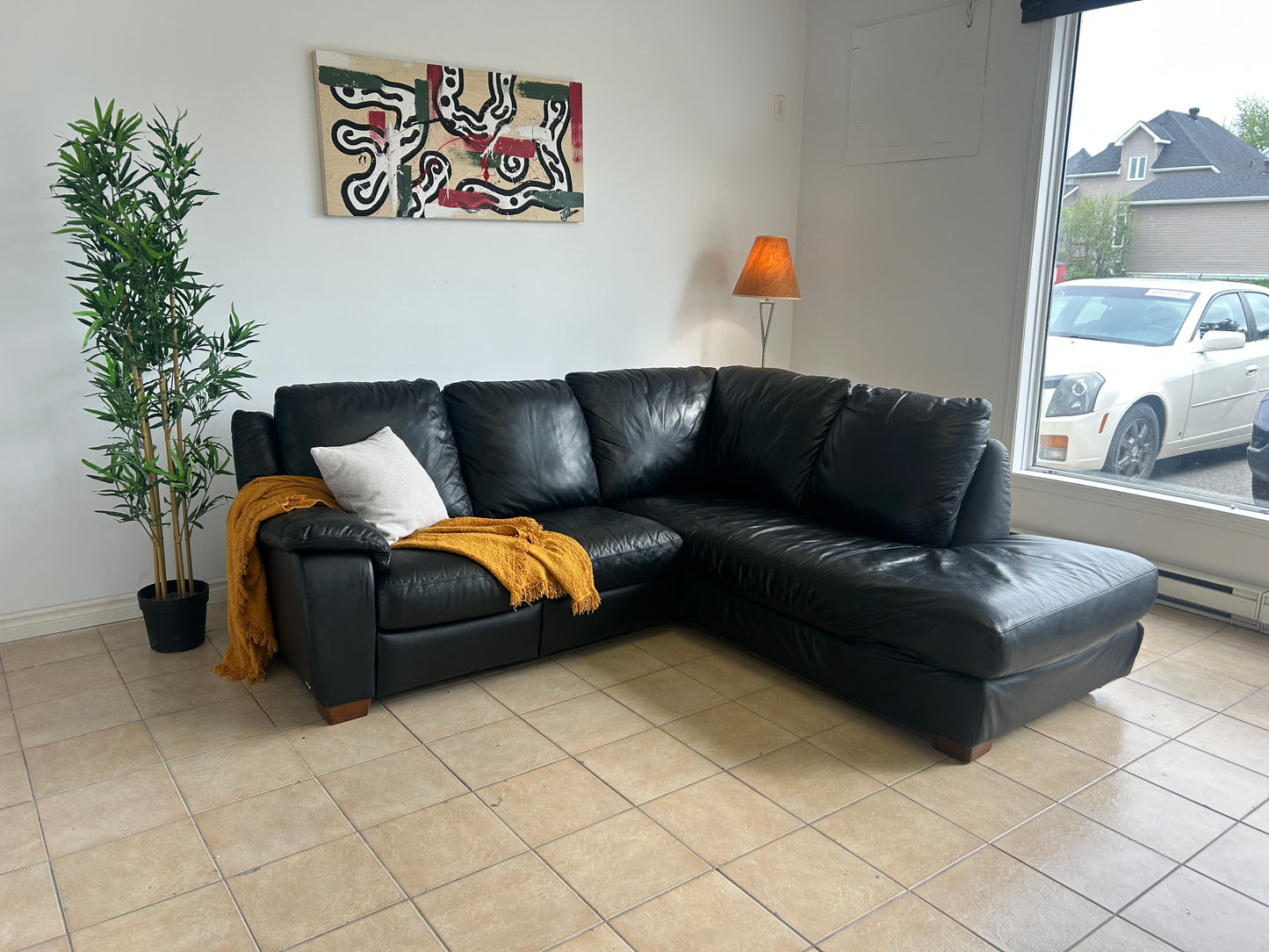 Divan sectionnel inclinable Natuzzi en cuir véritable noir