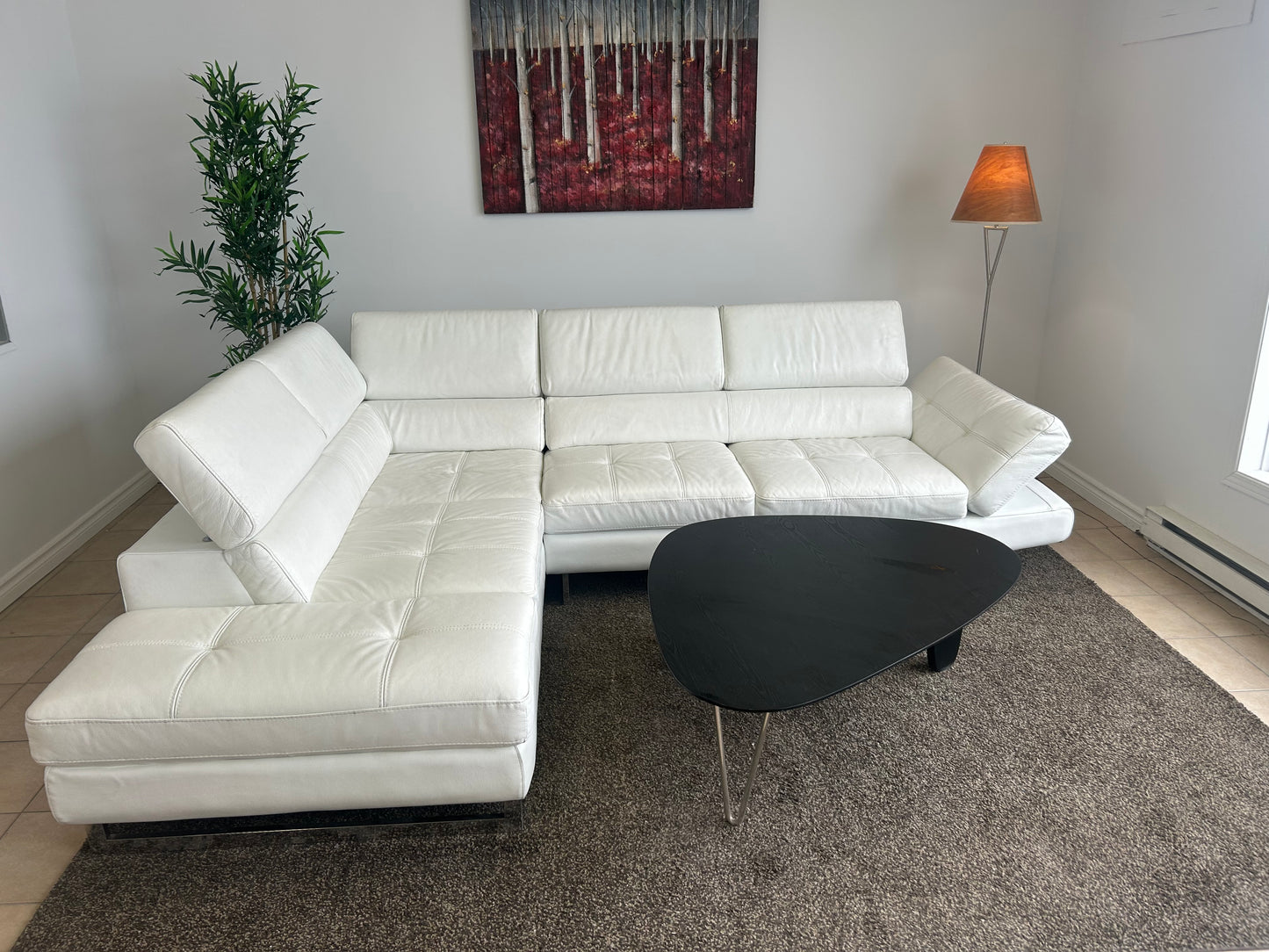 Sectionnel en Cuir Véritable Blanc avec Appuis-Têtes Ajustables