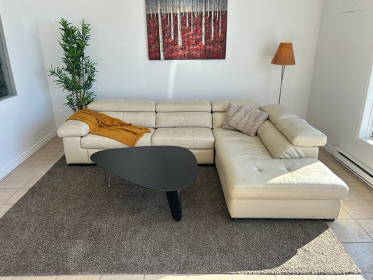 Sectionnel en Cuir Véritable Beige avec Appuis-Têtes Ajustables